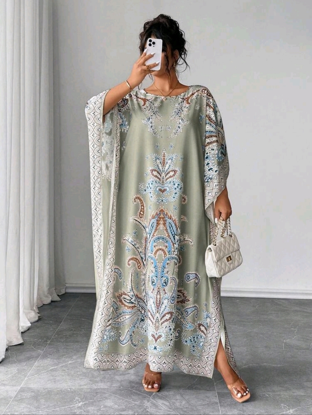 Boho Paisley Maxi Kaftan Dress in Sage Green